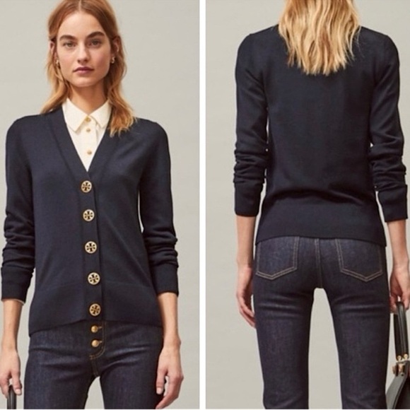 Tory Burch Wool Crinkle Simone Cardigan Navy Blue Size Small - Picture 1 of 9